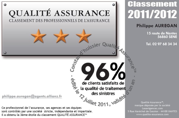 L’AGENCE de Mr AUREGAN obtient sa 3ème ETOILE QUALITE ASSURANCE™ 