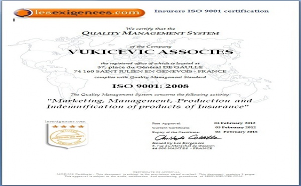 VUKICEVIC ASSURANCES obtient la Certification ISO 9001