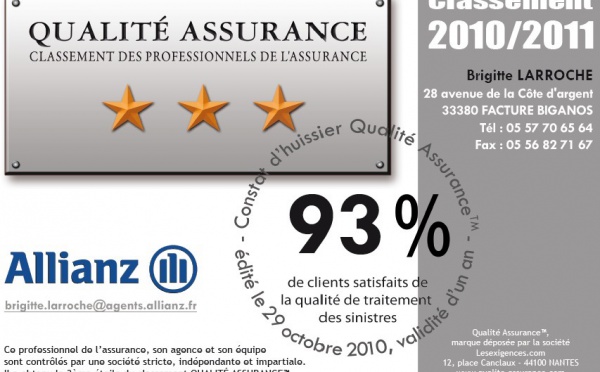 L’AGENCE ALLIANZ LARROCHE, FACTURE BIGANOS  (33), obtient sa 3ème étoile QUALITE ASSURANCE™