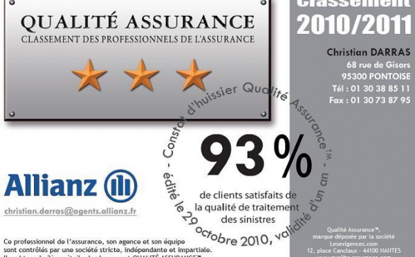 L’AGENCE ALLIANZ DARRAS, PONTOISE (95), obtient sa 3ème étoile QUALITE ASSURANCE™