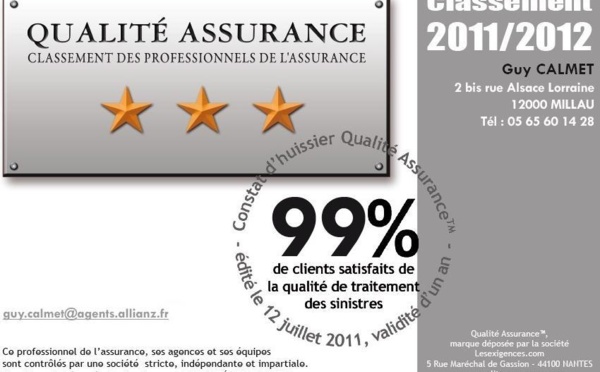 L’AGENCE de Mr CALMET maintient sa 3ème étoile QUALITE ASSURANCE™ 
