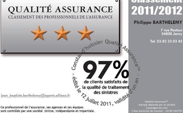 L’AGENCE de Mr BARTHELEMY obtient sa 3ème étoile QUALITE ASSURANCE™ 